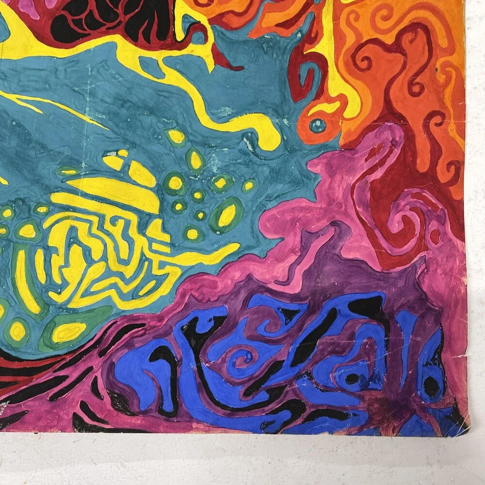 Vintage 1968 Psychedelic Abstract Drawing Original OOAK Multicolor Paper 15x18